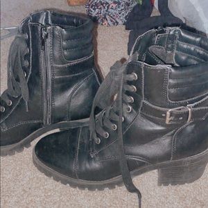 Black fake leather combat heeled boots